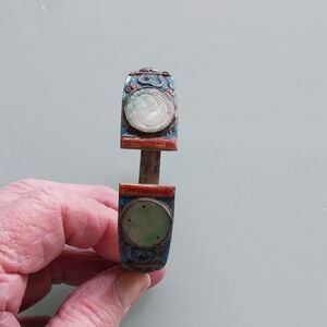 Antique Chinese Export Silver Cobalt Blue Enamel Green Jadeite Bracelet